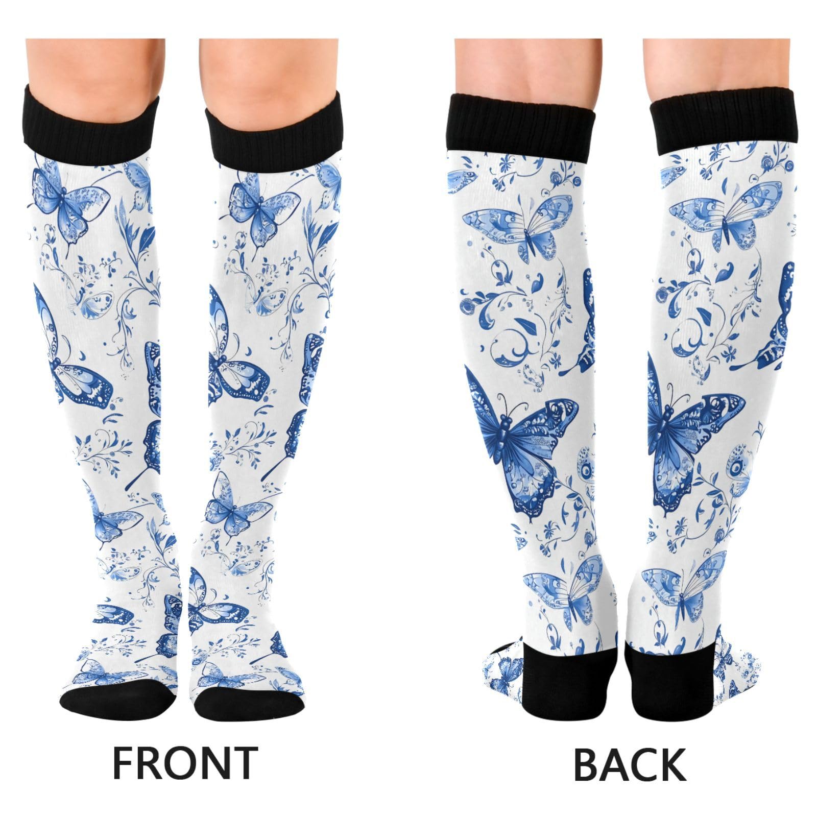 Wassud Blue Butterflies Compression Socks for Women and Men 20-30 mmHg Knee High Socks for Nurses Travel Socks 2 Pair