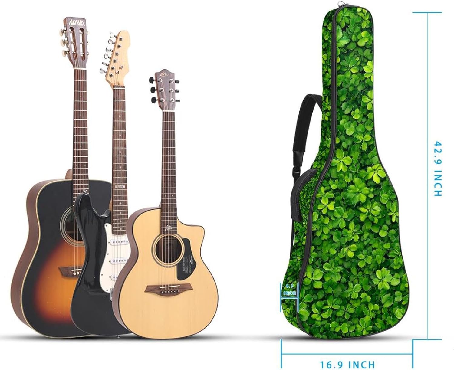 Lucky Four Leaf Green Clovers Seamless Pattern Acoustic Guitar Gig Bag, 1 cm Thick Padding Waterproof Guitar Bag Backpack for 40 41 42 Inch Electric Bass Classical Guitars