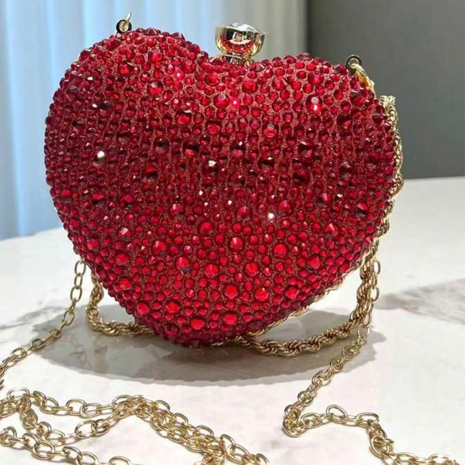 Red Heart Rhinestone Clutch Bag for Women – Sparkling Wedding Evening Purse with Chain Strap, Formal Party Handbag - Image 3