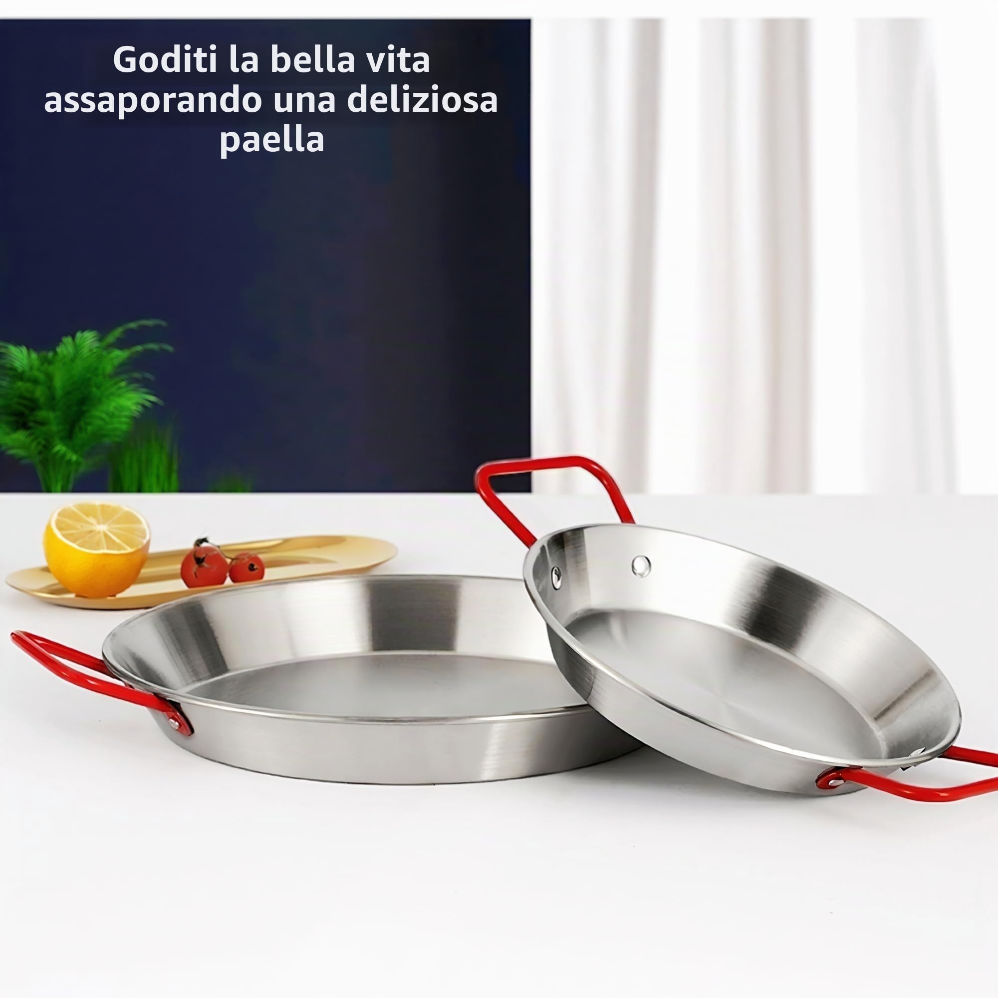 Padella per paella in acciaio inox con manici rossi