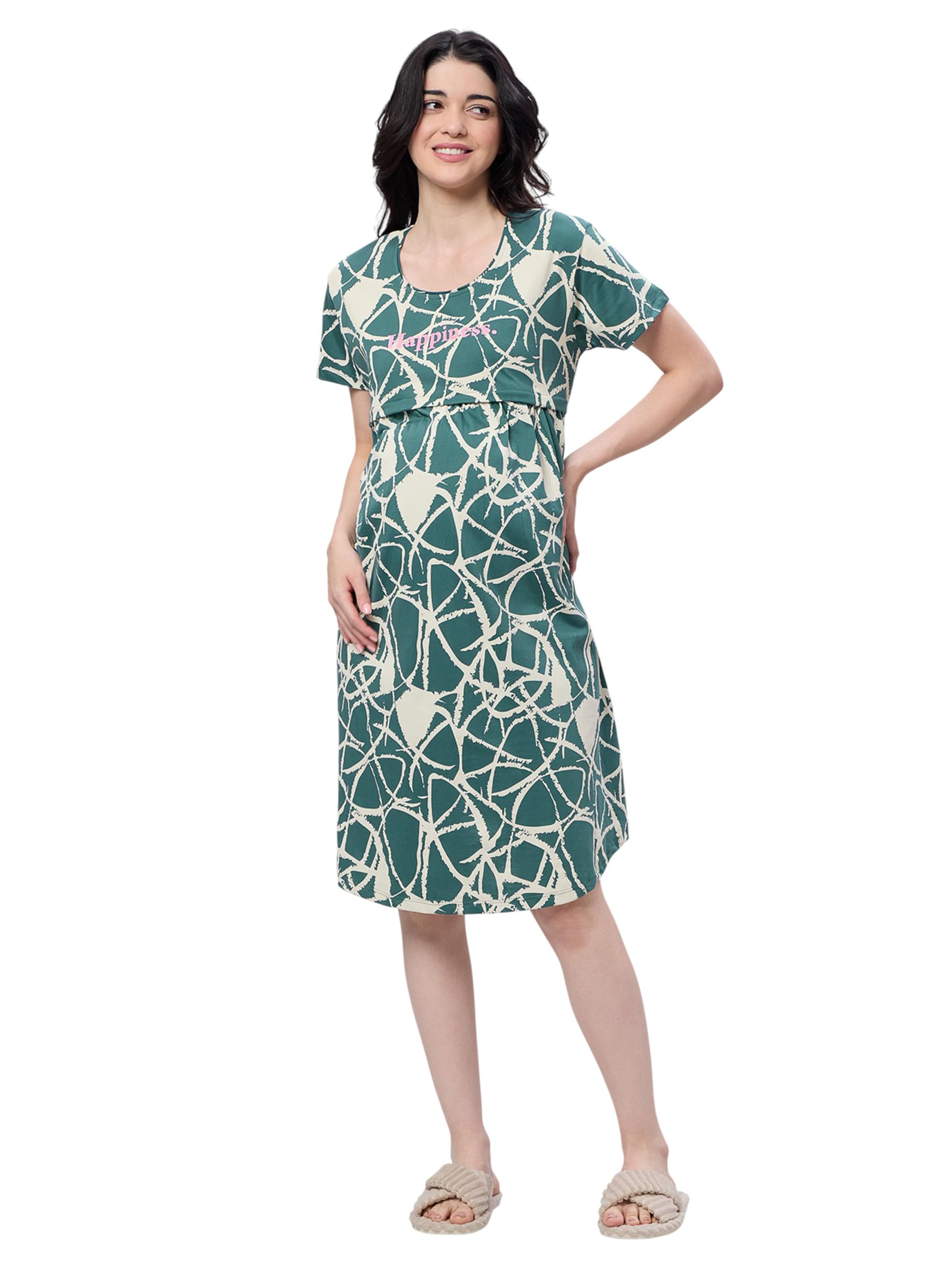 lotik Women's Cotton Geometric Printed Maternity & Feeding Calf Length Short Nighty-picture-56