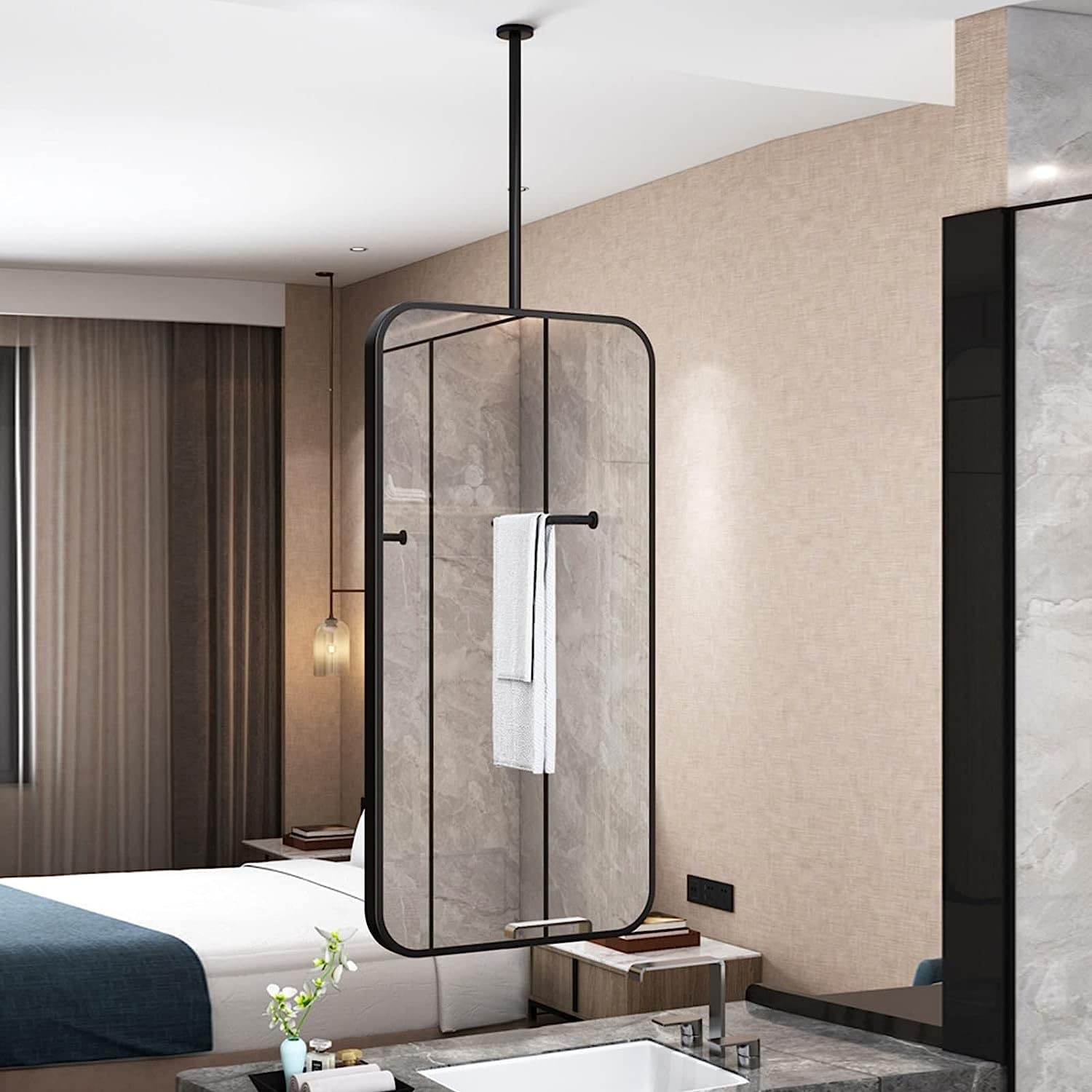 Miroir suspendu carré avec cadre en métal et miroir de maquillage HD 50x70