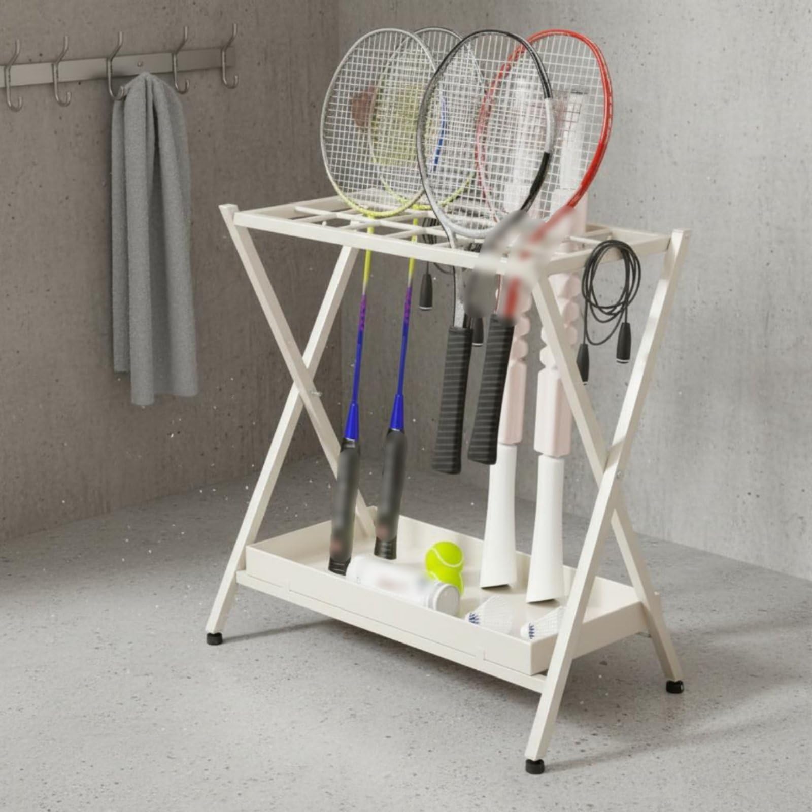 Soporte Plegable Organizador de Estante para Raquetas Portacosas con Bandeja Inferior Diseño Ahorra Espacio Hierro y Plástico Adecuado para Entrada Estudios Balcón Aficionados, Blanco