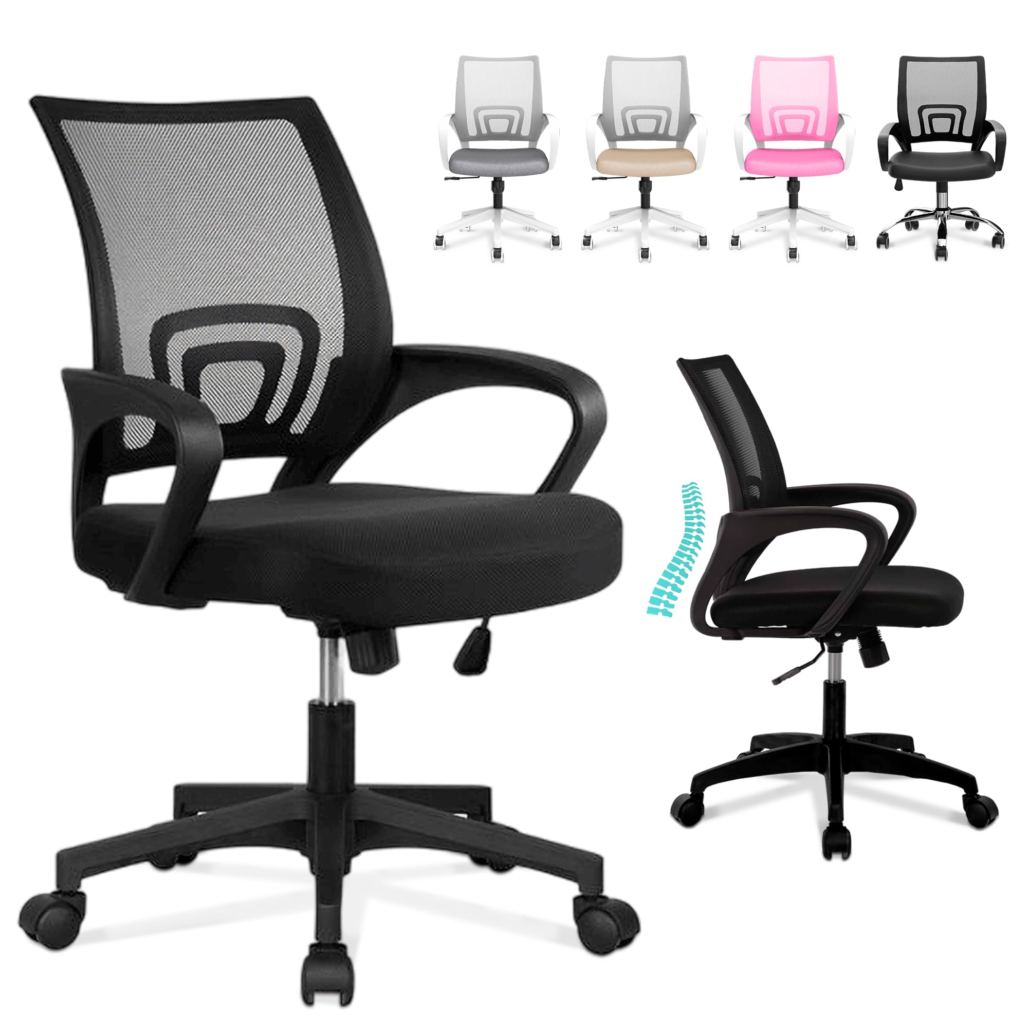 JUPPLIES Silla Escritorio Ergonomica - Silla Oficina con Apoyo Lumbar, Estructura de Plastico, Malla Transpirable, Ruedas Giratorias 360° Soporta hasta 120kg