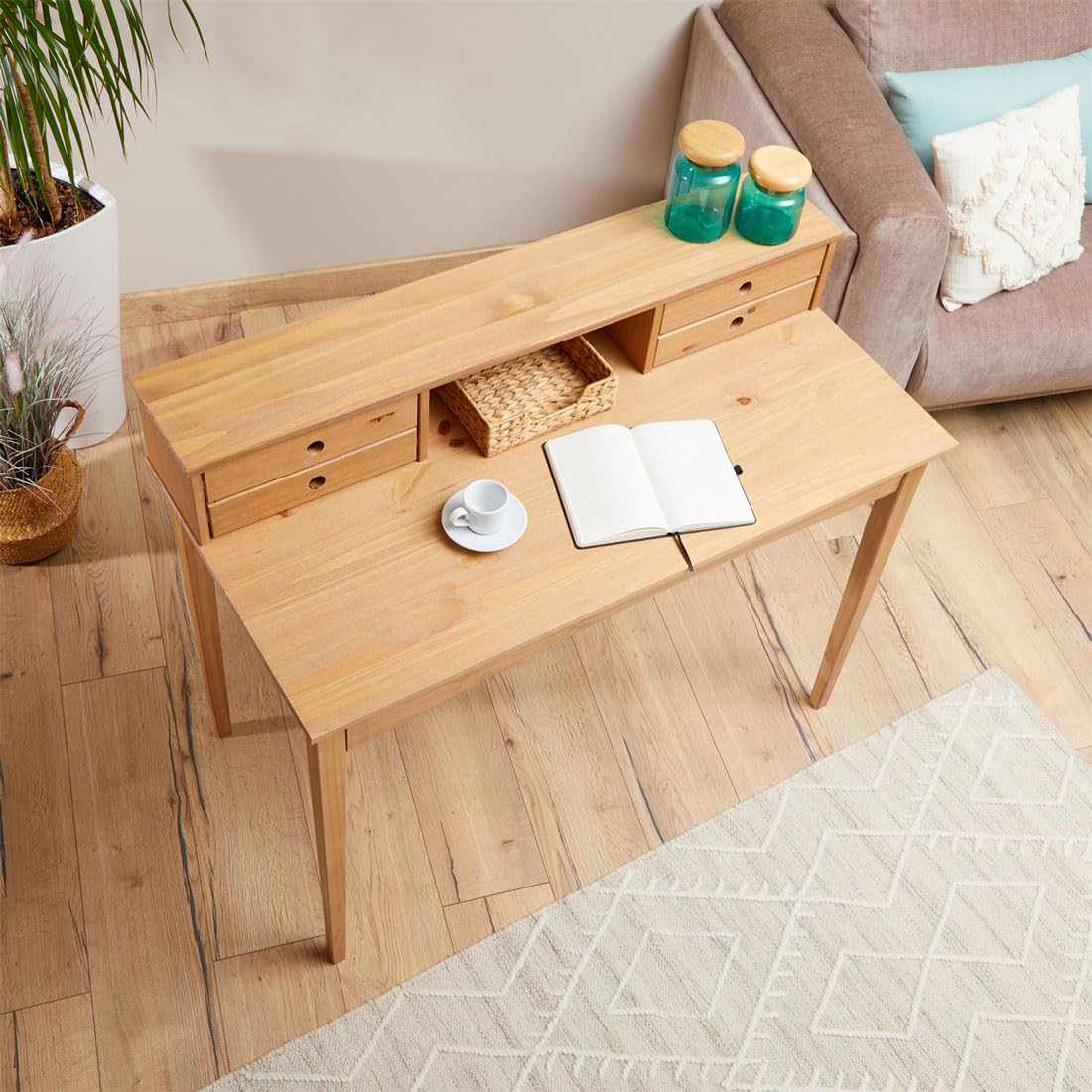 IDIMEX Schreibtisch Milano mit 4 Schubladen und 1 Fach aus Massivholz, Eiche Farben, robuste Verarbeitung PC-Tisch mit Stauraum für Büro und Home-Office