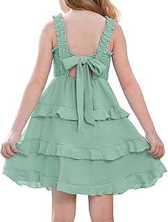 Girls Summer Dresses Tie Back Smocked A-Line Ruffle Hem Casual Elegant Midi Sundress Size 5-12 Years - Buy now