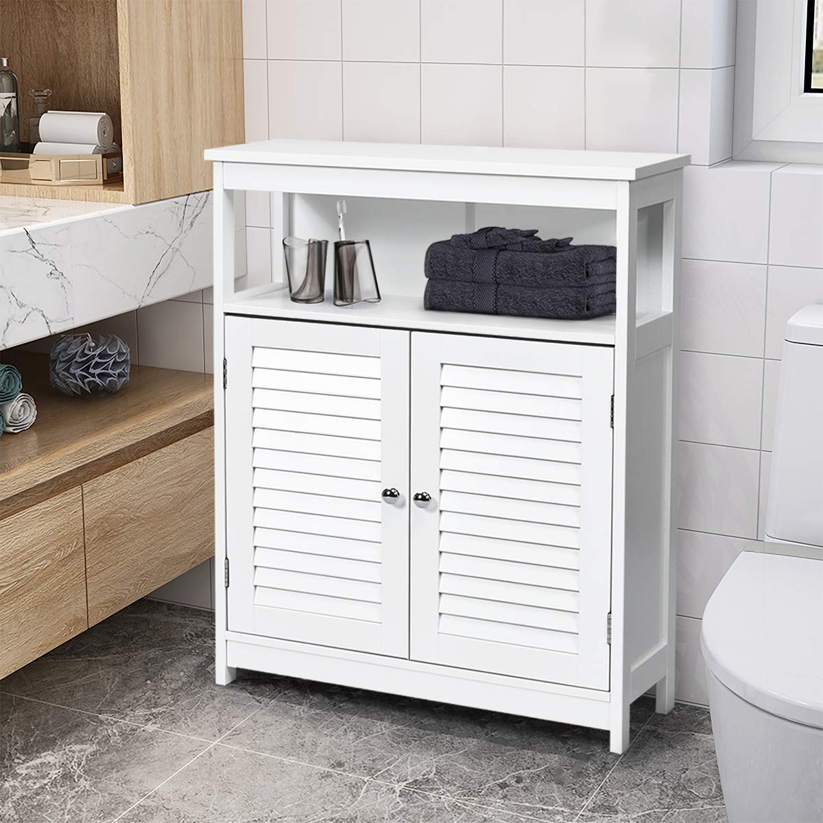 Tangkula Bathroom Floor Cabinet, Wooden Freestanding Storage Cabinet with Double Shutter Door & Adjustable Shelf, Storage Cabinet for Bathroom Living Room (White)