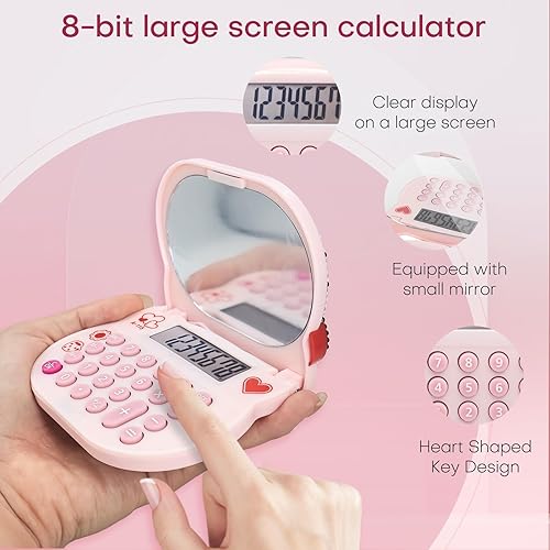 Miniatura 2 de Lindas calculadoras de espejo de maquillaje, escritorio básico de 8 dígitos con pantalla LCD grande y botón sensible, mini calculadora para
