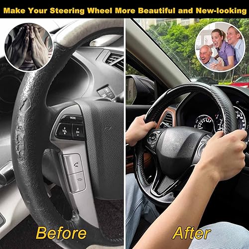 Miniatura 3 de WUDUWUKA Funda de volante de automóvil de fibra de carbono para mujeres y hombres, antideslizante, color negro, funda delgada para volante de