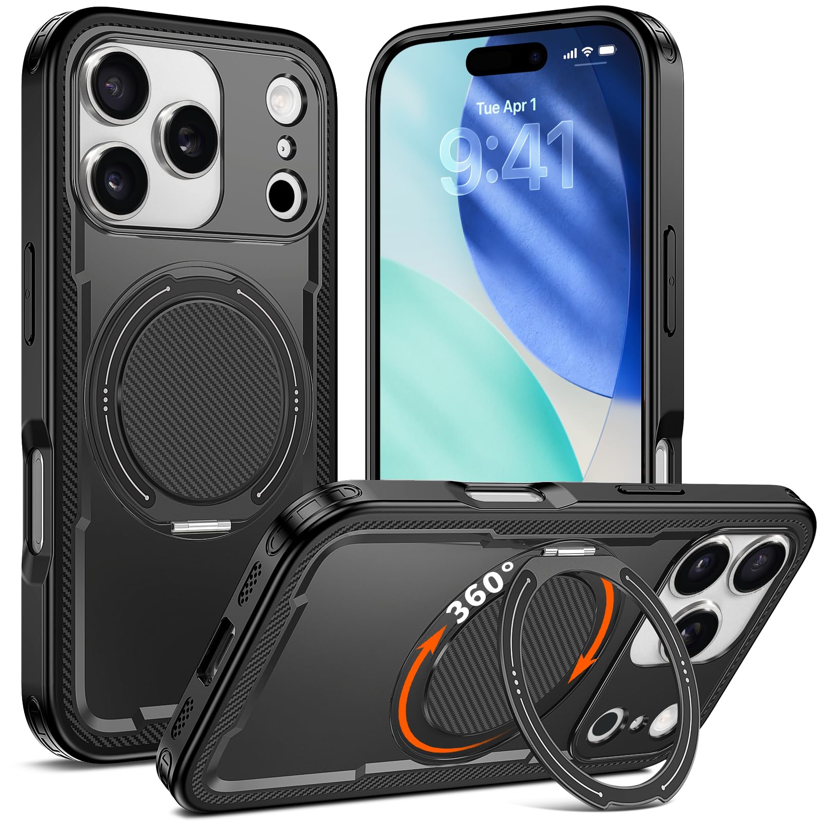 DUTZNZ 対応 iPhone 18 Pro / 17 Pro 用の ケース 耐衝撃 スタンド付き 車載ホルダー ブラックい