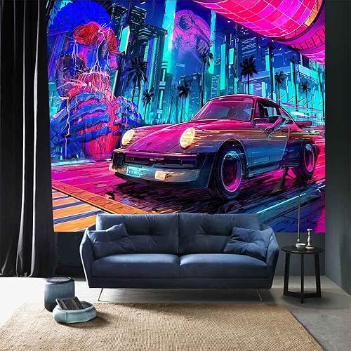 Miniatura 3 de Ine Ive Tapiz retro de los años 80 para automóvil, diseño de ciudad punk, astronauta psicodélico, neón, para colgar en la pared, tamaño grande, 100