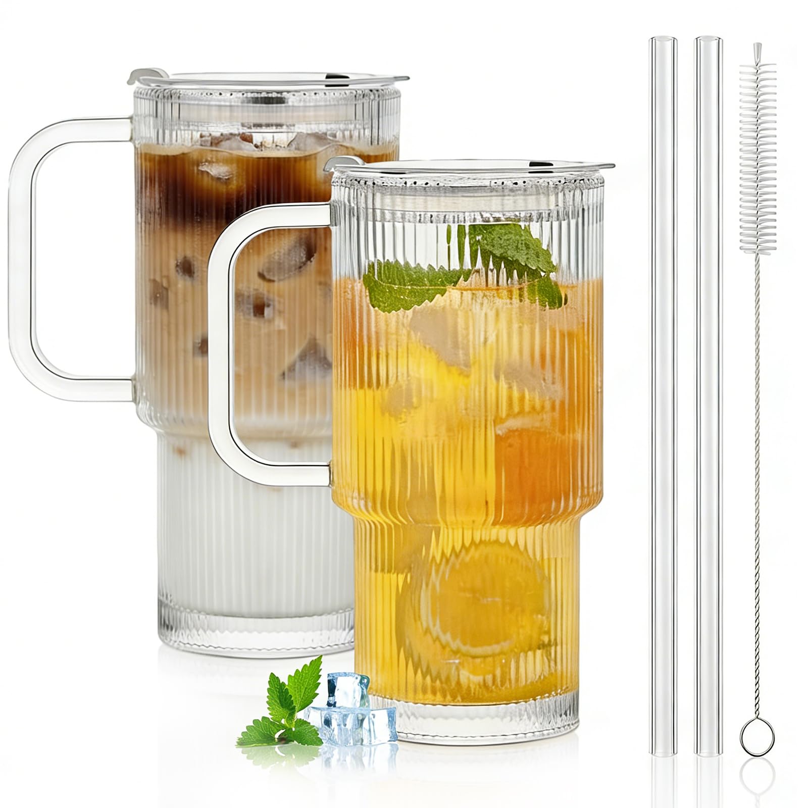Set Vasos de Vidrio con Tapa y Asa, Popotes De Vidrio y Cepillo De Limpieza Vasos, 500ml Reutilizable Vasos de Cristal, Copa de Viaje Estética, Vaso para Cafe Frio para Agua Jugo Soda Etc. (2)