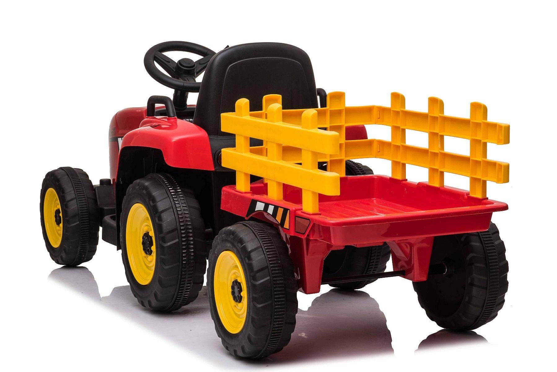 Traktor elektryczny Workers z przyczepą, czerwony, napęd na tylne koła, bateria 12 V, kółka, szerokie siedzisko, pilot zdalnego sterowania 2,4 GHz, odtwarzacz MP3 z Bluetooth i wejściem SD, diody LED