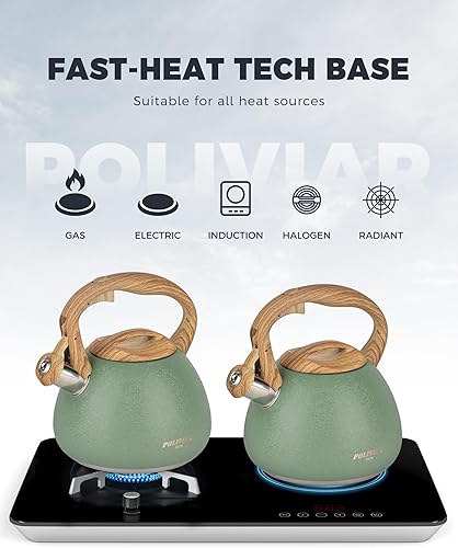 Miniatura 6 de POLIVIAR - Hervidor de té de 2.7 cuartos de galón, tetera silbante audible con acabado agrietado, acero inoxidable de grado alimenticio para