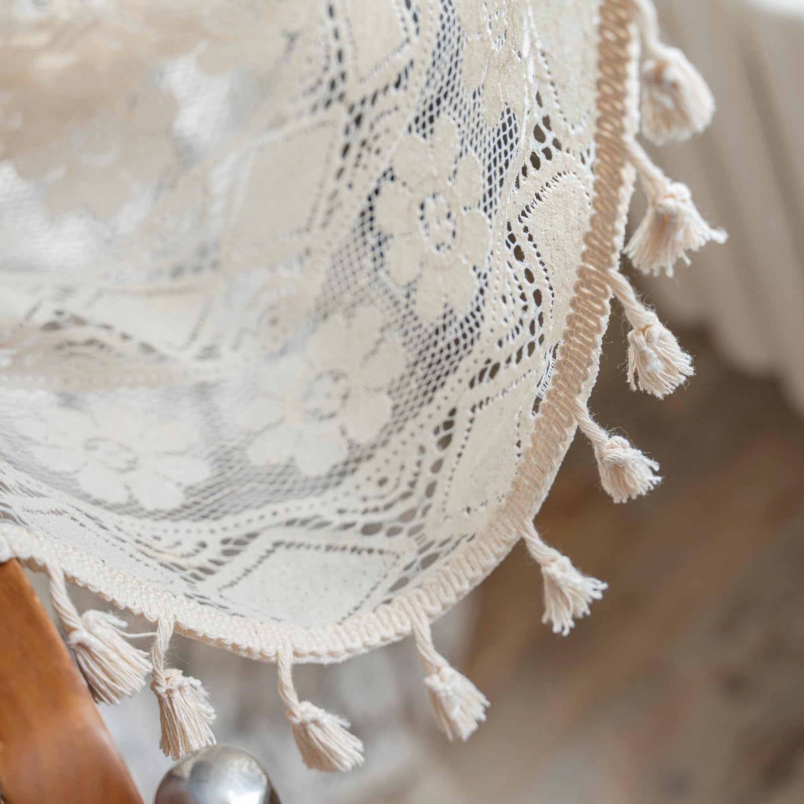 USTIDE Boho Vorhang aus Spitze Crochet Transparent Landhausstil - Türvorhang mit Blumenmuster Beige Vintage für Wohnzimmer Schlafzimmer, 150 x 180 cm