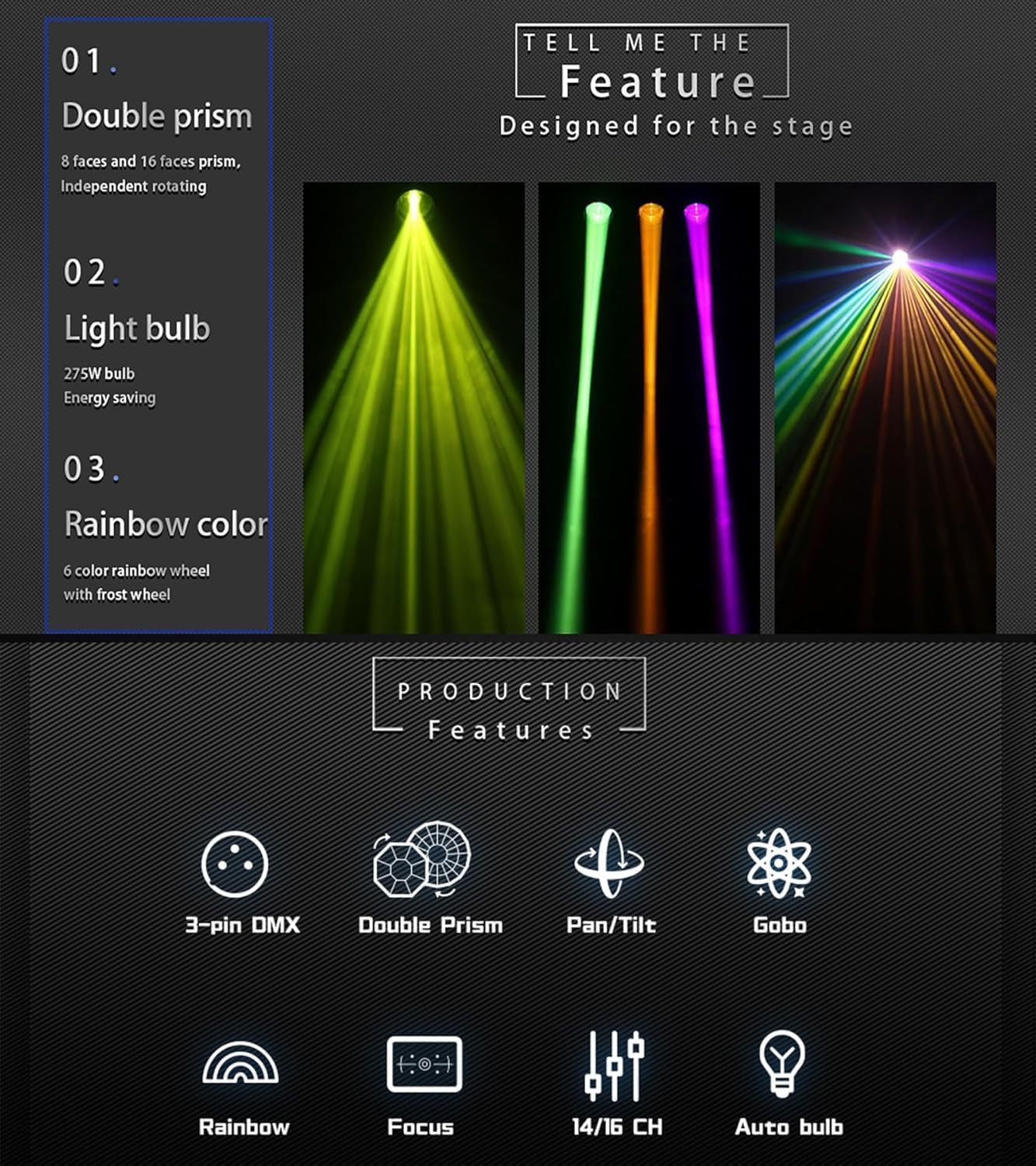SHEHDS 275W Moving Head Beam Light – 10R Effect, 14 Gobos + 14 Colors, 2 Prisms, Linear Zoom, Frost & Rainbow Wheel – Stage Lighting DJ Spot Light for Parties, Disco, KTV, Stage Shows, Live Events