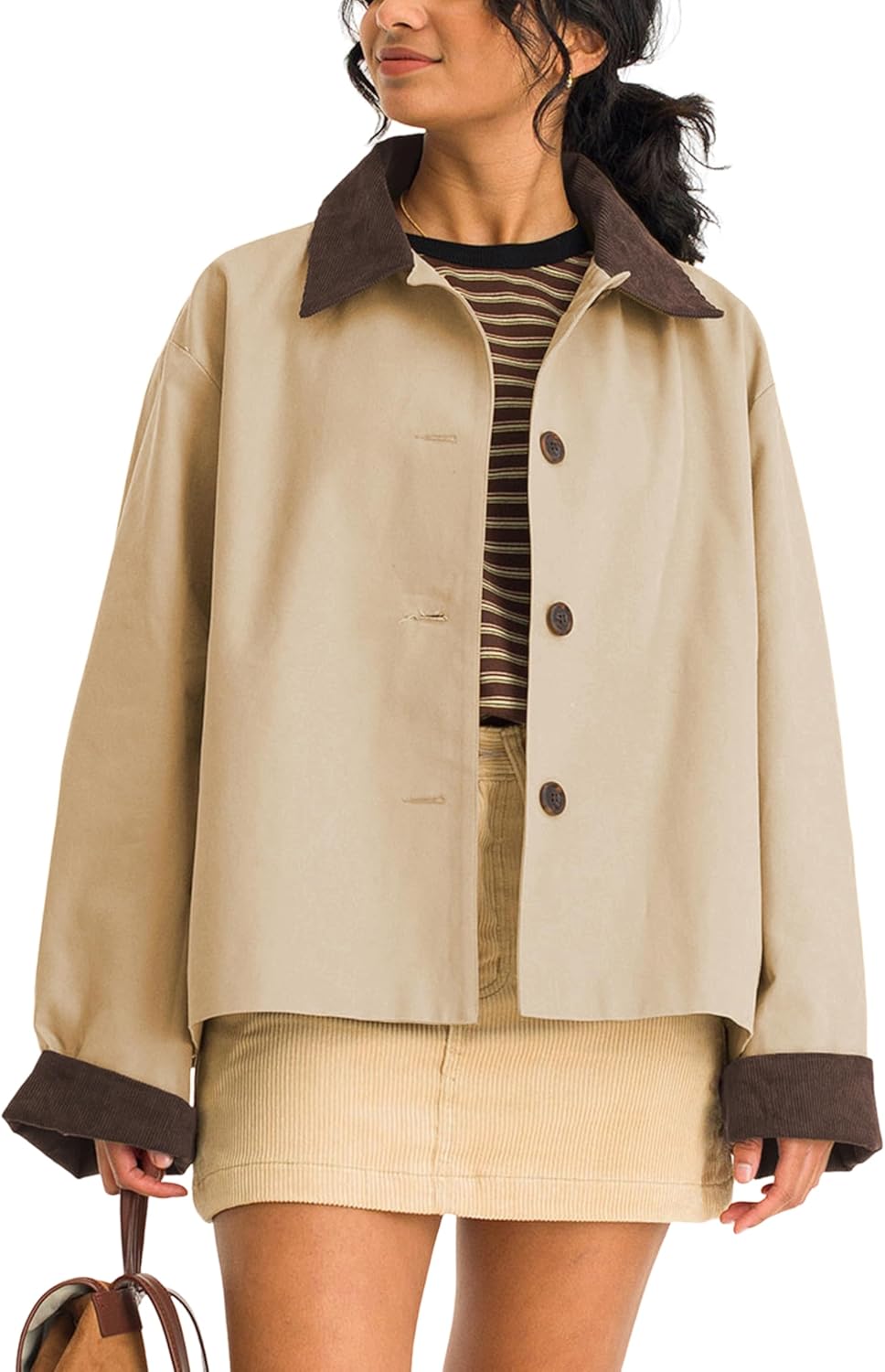 Lviefent Womens Contrast Collar Jacket Casual Button Down Long Sleeves Crop Trench Coat Outerwear with Pockets