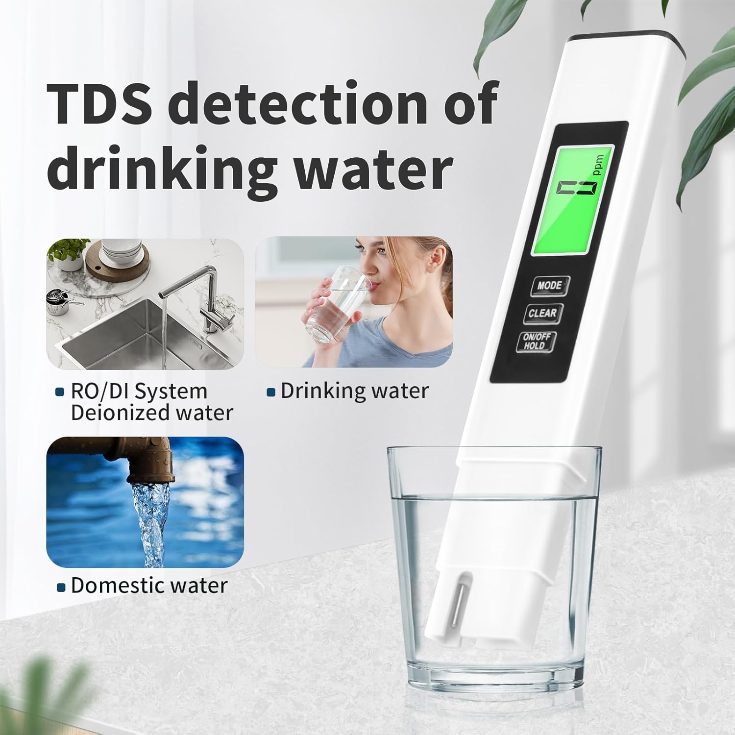 TDS meter showing green backlight for low ppm
