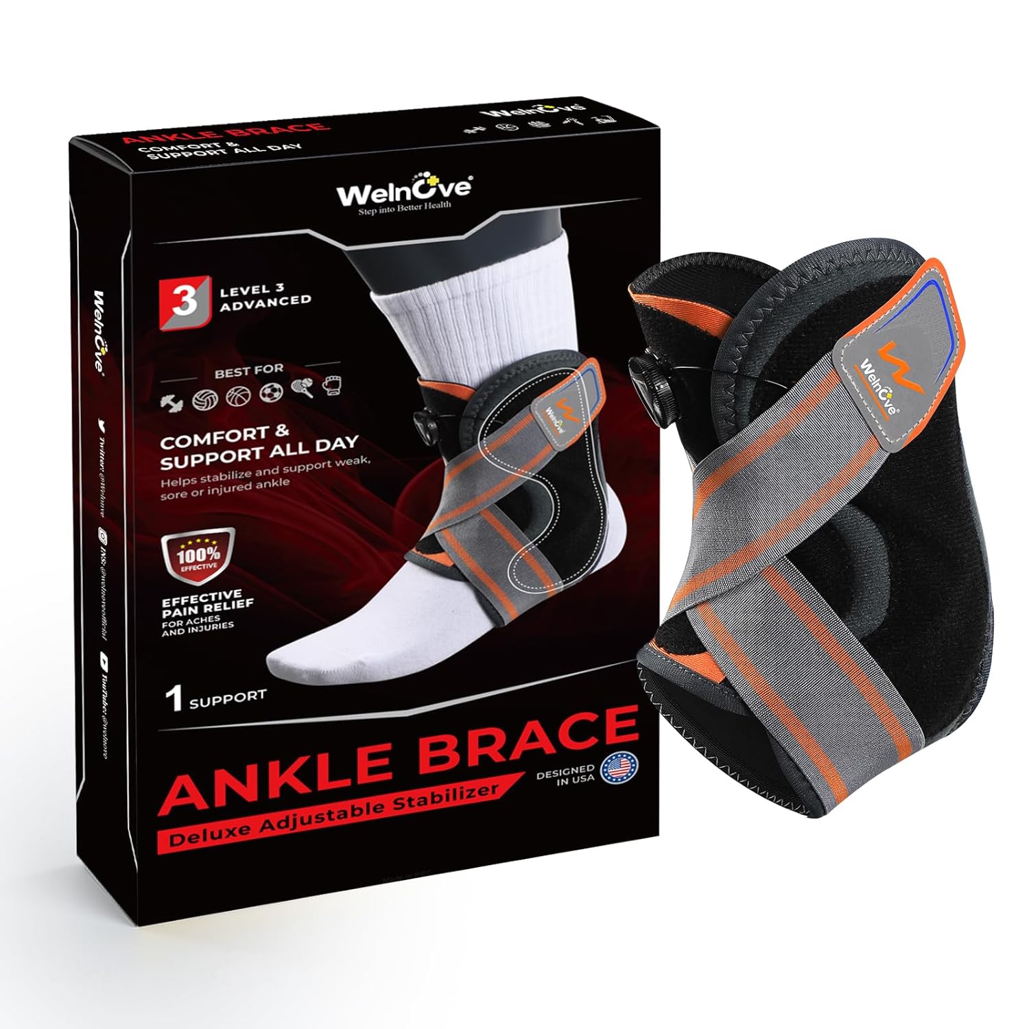 Welnove Ankle Brace: Ankle Stabilizer Brace for Women & Men, Ankle Support Sprained for Achilles,Tendon,Sprain,Injury Recovery, Comfortable Compression & Breathable Design (XL, J-shaped plate)