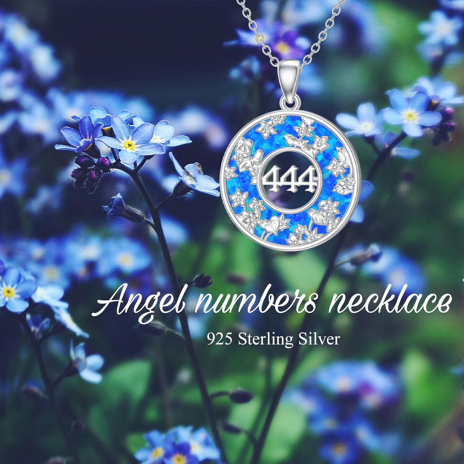 PROESS Angel Number Necklace for Women Lover Mother Sterling Silver 444 Necklace with Blue Opal Flower Pendant Jewelry Gifts - Image 6