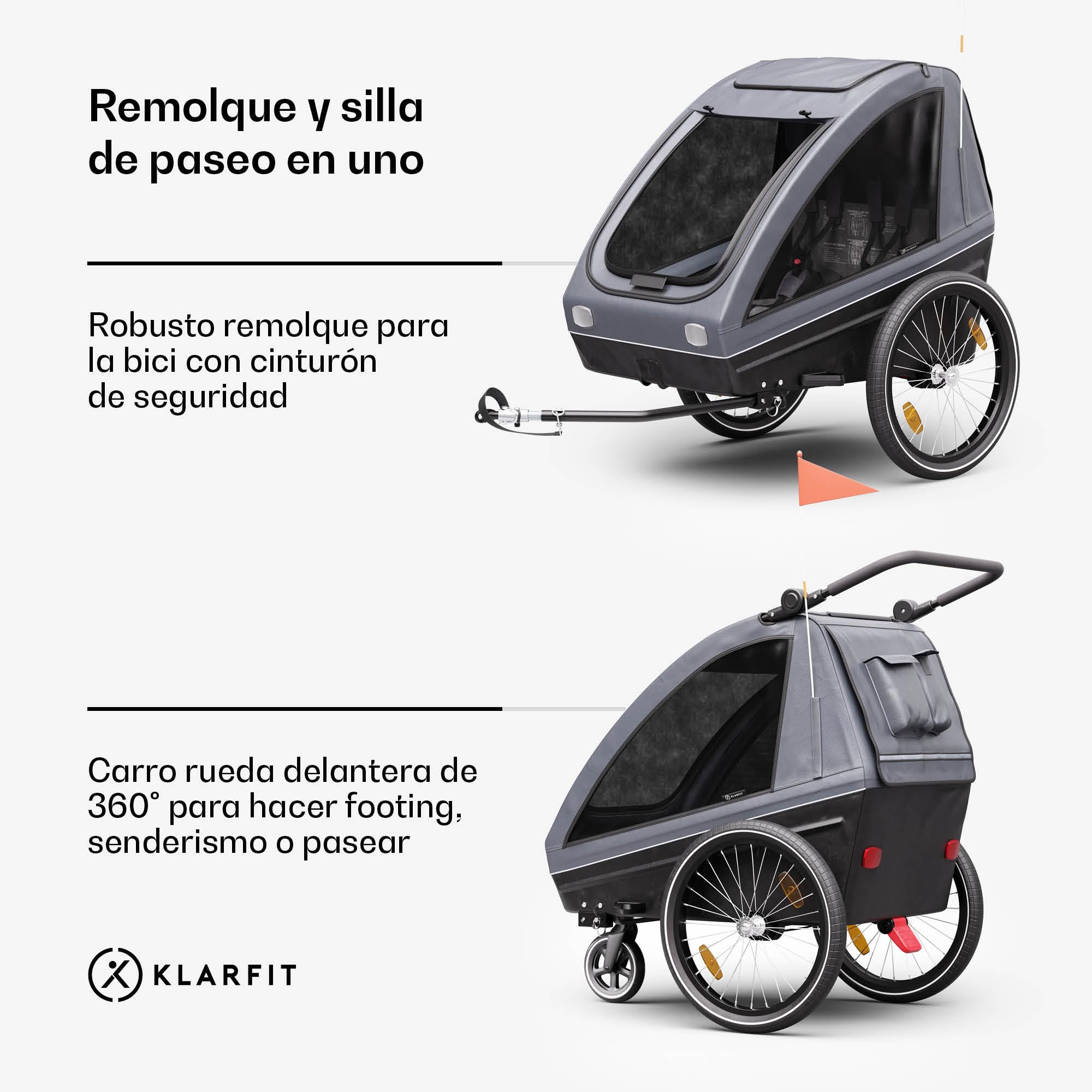 Klarfit GoKiddo Remolque Bicicleta - 2-en-1 Carro para Bicicleta & Buggy con Frenos, Cinturones de Seguridad, Asientos Ajustables, Capacidad 40kg, Protección Lluvia & UV, Plegable, Gris Oscuro