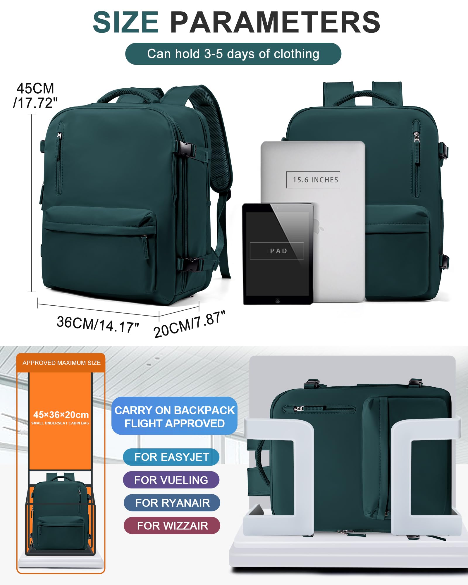 BJLFS Borse da Cabina per Ryanair 40×20×25 Bagaglio a Mano Easyjet 45×36×20 Borsa Zaino da Viaggio, Zaino da trekking,Zaino Casual per laptop da 14 pollici per scuola