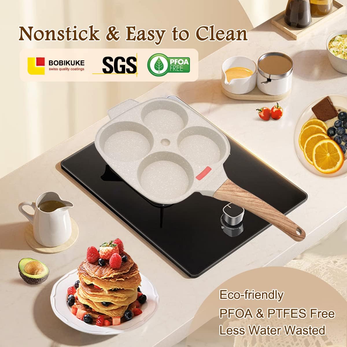 Egg Pan Fried Egg Pan, Egg Frying Pan with Lid Nonstick 4 Cups Pancake Pan Aluminium Alloy Cooker for Breakfast, Gas Stove & Induction Compatible (White)