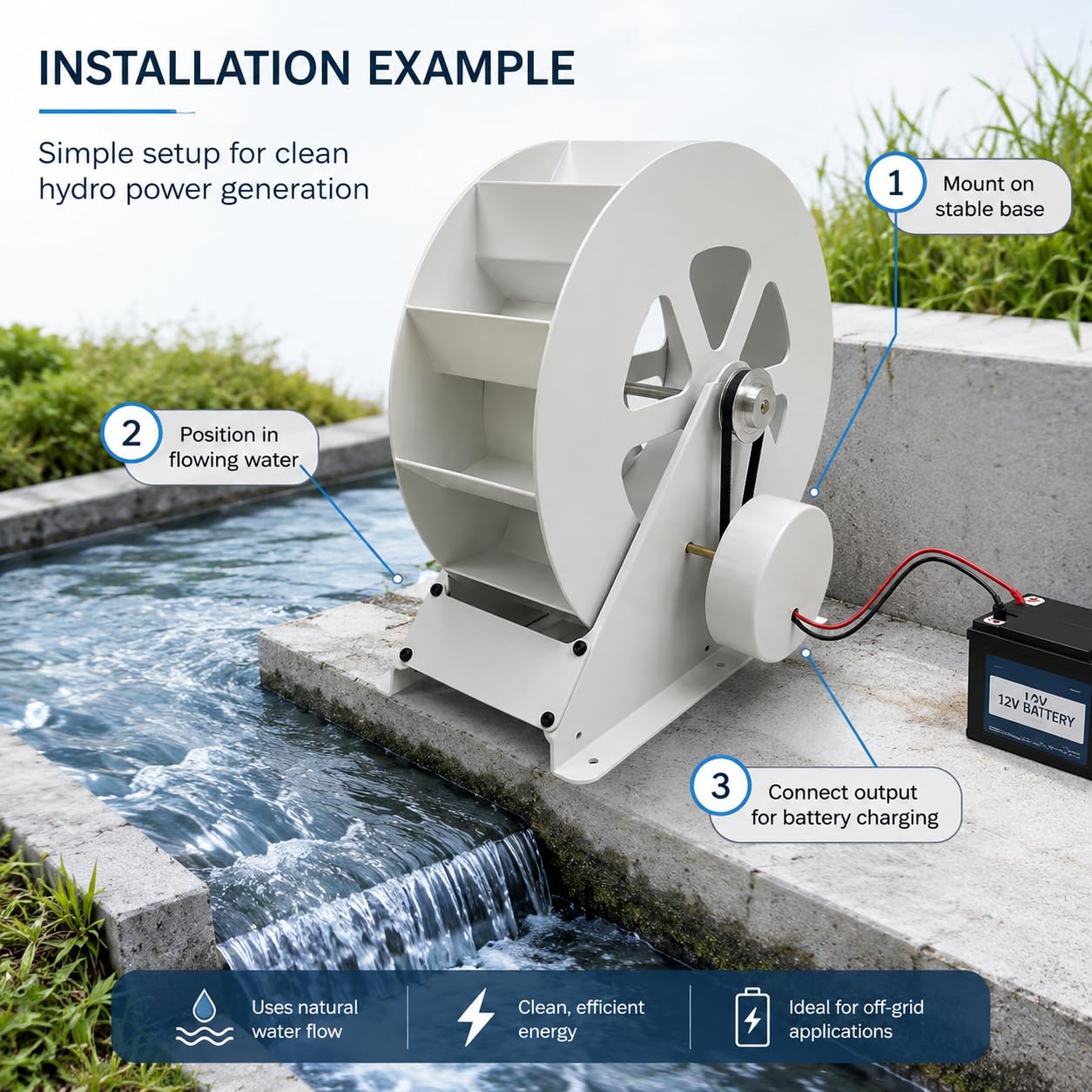 Generador de turbina de agua portátil de 100 W – Kit hidroeléctrico de flujo para corrientes/ríos fuera de la red – Microgenerador hidráulico de acero duradero con funcionamiento silencioso