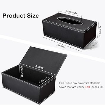 Tissue Box Cover Rectangular, PU Leather Tissue Box Holder for Kleenex, Napkin, Tissue Box Cover Rectangle, Tissue Holder for Bathroom Car Home Decorative 9.84X5.63X4.53 - Black