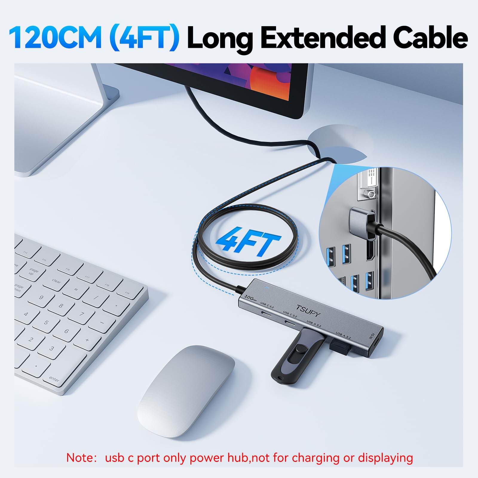 TSUPY Hub USB 3.2 Gen 2 10Gbps - 4 Ports + Port Type-C Alimentation - Câble 120cm Aluminium