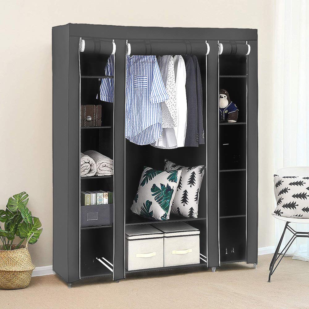 Szafa z włókniny, szafa z 1 barami Wieszak i 10 półek, konfigurowalny organizator na ubrania, 172 * 134 * 43cm, do sypialni, szary