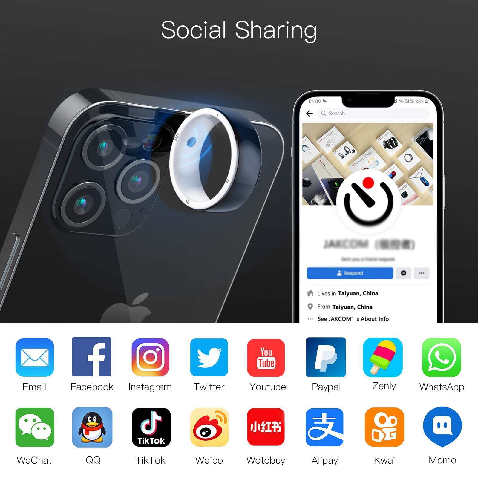 R5 Smart Ring, anello multifunzione con replicatore CDS RFID, 6 carte RFID integrate e 2 pietre sanitarie, controller IC/ID/lettore NFC, anelli intelligenti per telefono NFC, compatibile con iOS e And
