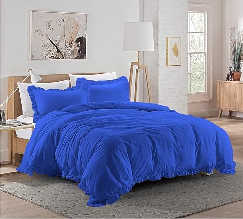 RU Bedding Juego de funda de edredón de 3 piezas con volantes y borde azul rey (funda de edredón + 2 fundas de almohada), algodón egipcio, tamaño