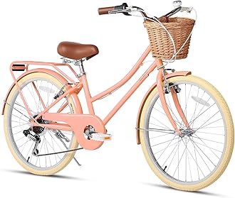 Glerc 20 24 26 Inch Beach Cruiser Bike, 6-Speed Hybrid City Bicycle for Girls Youth and Over 6 Years Old, Missy Bike with Wicker Basket & Lightweight, Multiple Colors