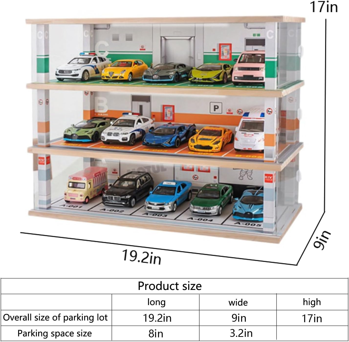 Model Car Display case 1/32 Scale with LED Light and Acrylic Dust Cover Hot Wheels diecast Model Car Display Stand,Wooden Parking lot Garage Scene Collectible Toys Car Model Display Stand