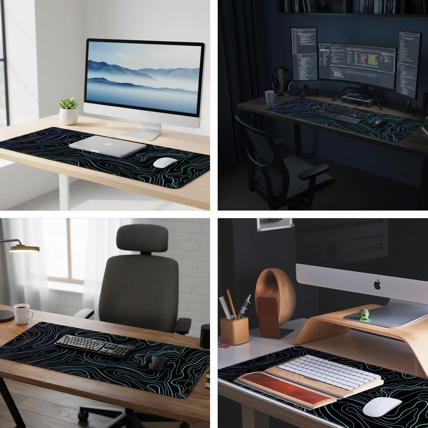 Topographic XL Mouse Pad (35.4x15.7 Inch), Large Gaming Desk Mat with Stitched Edges, Waterproof Non-Slip XXL Keyboard Pad, Aesthetic Blue Line Art Desk Decor