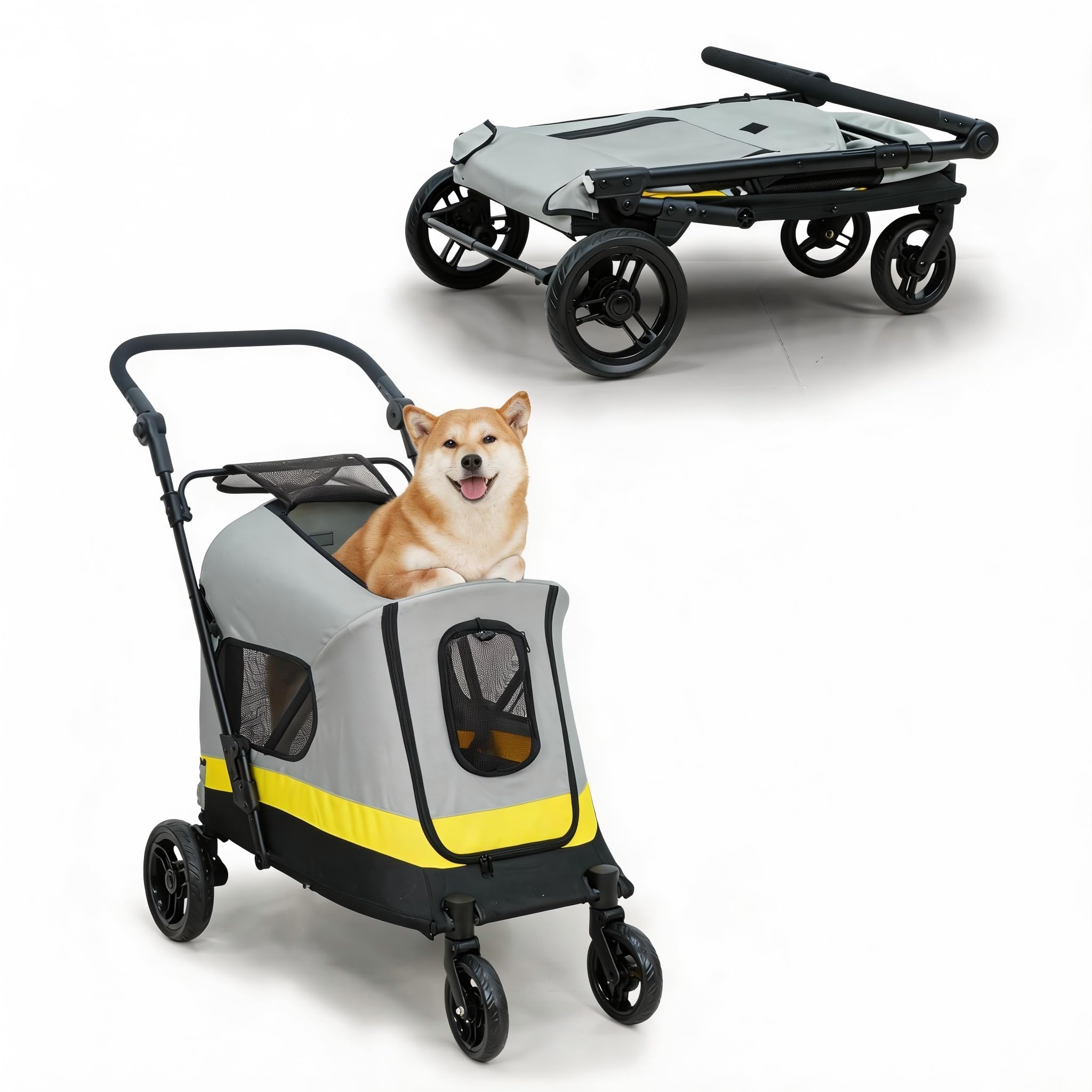 BingoPaw Foldable Medium Dog Stroller: Portable Pet Buggy Pushchair with 4 Heavy Wheels for Travel, Outdoor Walking, One-Click Folding Handle Puppy Pram with Breathable Mesh for Medium Dogs