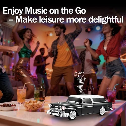 Miniatura 5 de Altavoz Bluetooth retro clásico modelo de coche con luz ambiental LED, emparejamiento estéreo TWS, ruedas móviles, sonido HD, altavoz inalámbrico