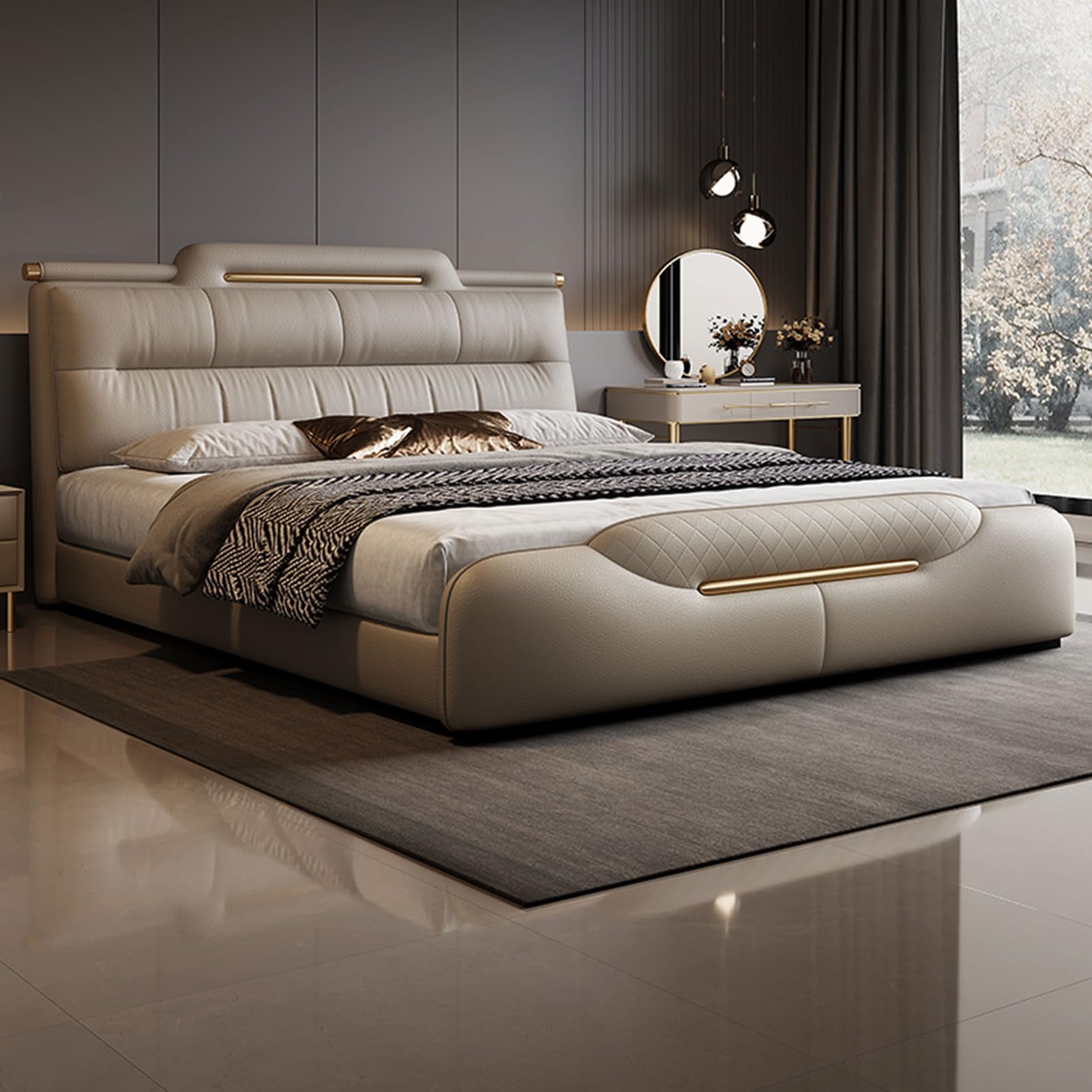 King Size Genuine Leather Bed Upholstered Platform Bed Frame with Wingback Headboard and Lift Up Storage No Box