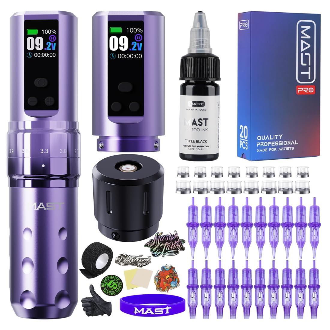 Mast Fold2 Pro Tattoo Kit, Cordless Complete Tattoo Gun Machine Kit, 2 Batteries 2000mAh Power Supply for Long Time, Needles Cartridges Black Tattoo Ink Kit (Purple)