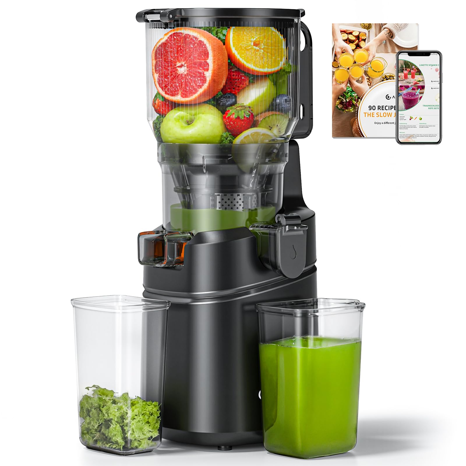 AMZCHEF Extracteur de jus automatique 250W, ouverture 150 mm, capacité 2L, noir
