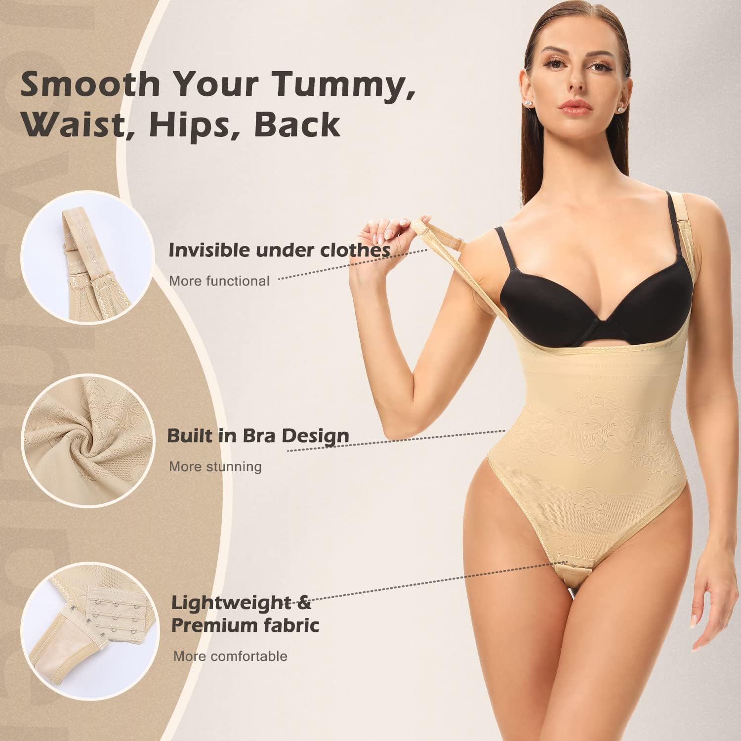 Joyshaper Figurformujący Body Damski Tanga Mocno Wyciągające Talię Formujące Body Bielizna z Haftkami Modelujący Bodysuit, Be?owy-1, XL