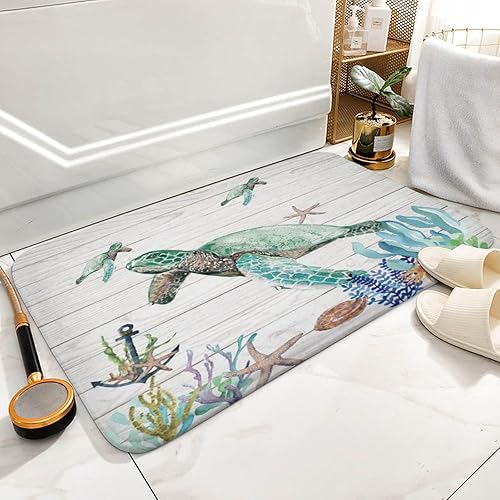 Miniatura 6 de Tapete de baño de tortugas marinas y estrellas de mar en playa de arena y océano sobre tema rústico, tapete de baño de tela, tapete de bienvenida,