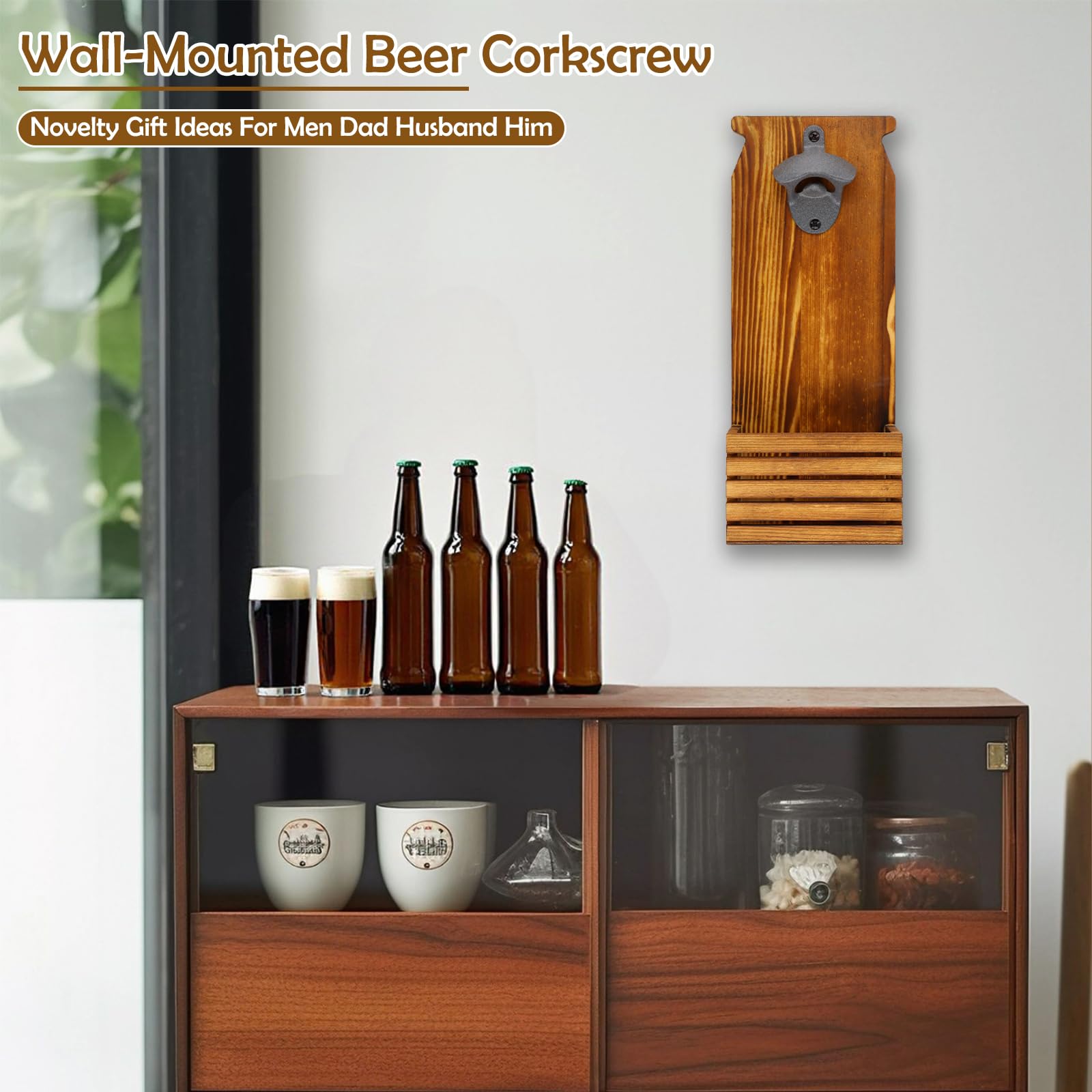 Abrebotellas de Pared o de Pie, Abridor de Botellas con Colector y Tapón, Madera 12x7,4x30cm