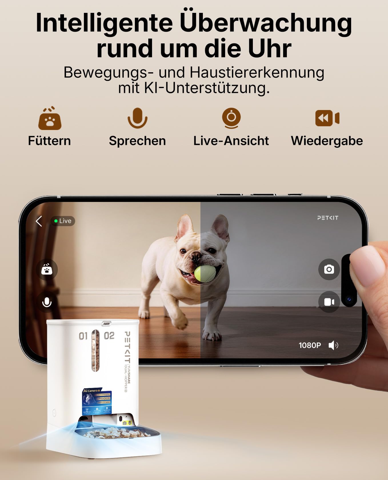 PETKIT YumShare Dual-Hopper 2 Futterautomat Katze 2 Näpfe Mit Kamera, Gesichtserkennung für Mehrere Katzen,5L Katzen Futterautomaten,Automatischer Futterspender für Hund,KI Funktion,2.4 & 5G Wi-Fi