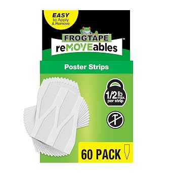 FrogTape reMOVEables Poster Strips - 60 White Strips - No Damage Hanging Strips, Removable Poster Hangers, Stick On Adhesive Wall Tape Alternative for Pictures, Home, School, Office