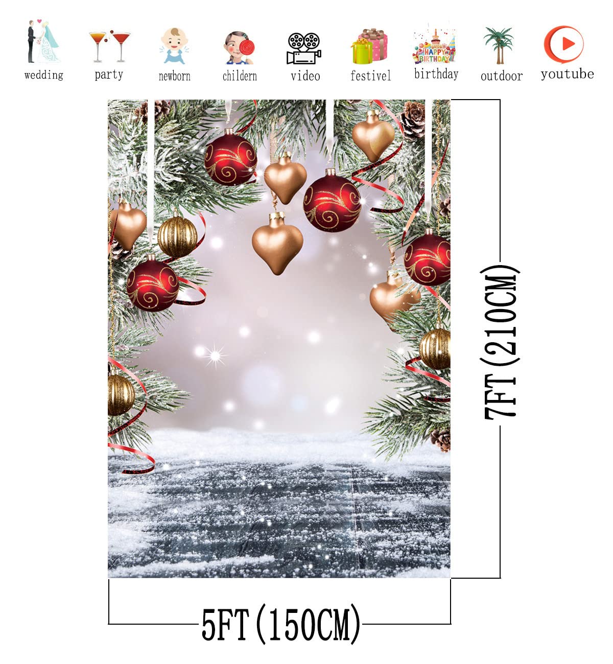 Toile Fond Photo Noël 7x5ft (2.1x1.5m) - Motif Arbre Ornements - Vinyle Léger - Pour Studio, Fêtes, Photos Famille