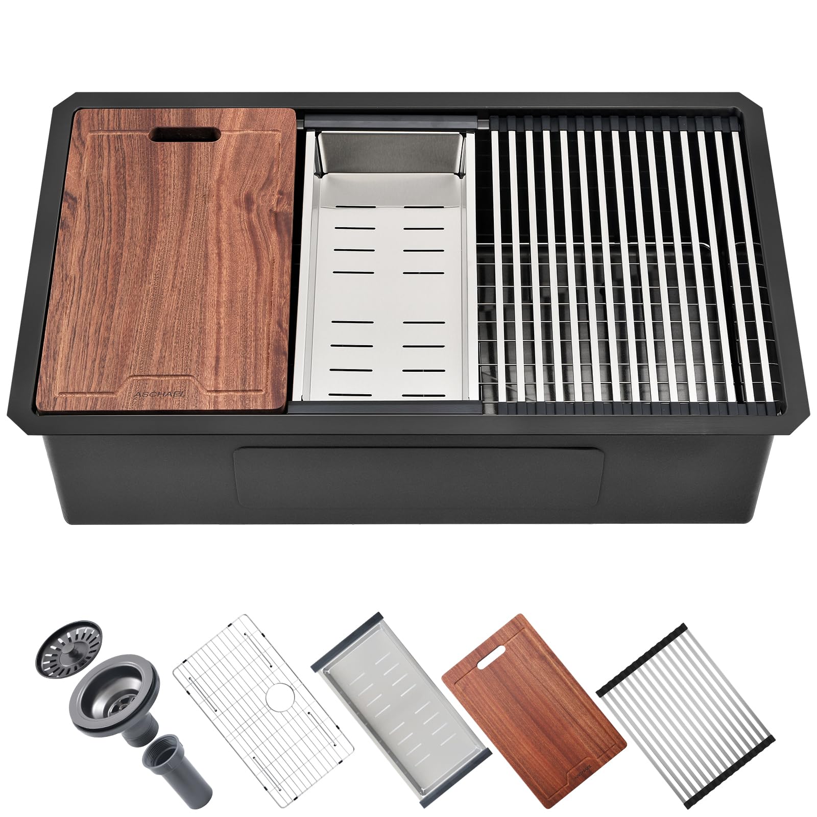 Aschael Workstation Undermount Black Kitchen Sink 33x19x10 Inch