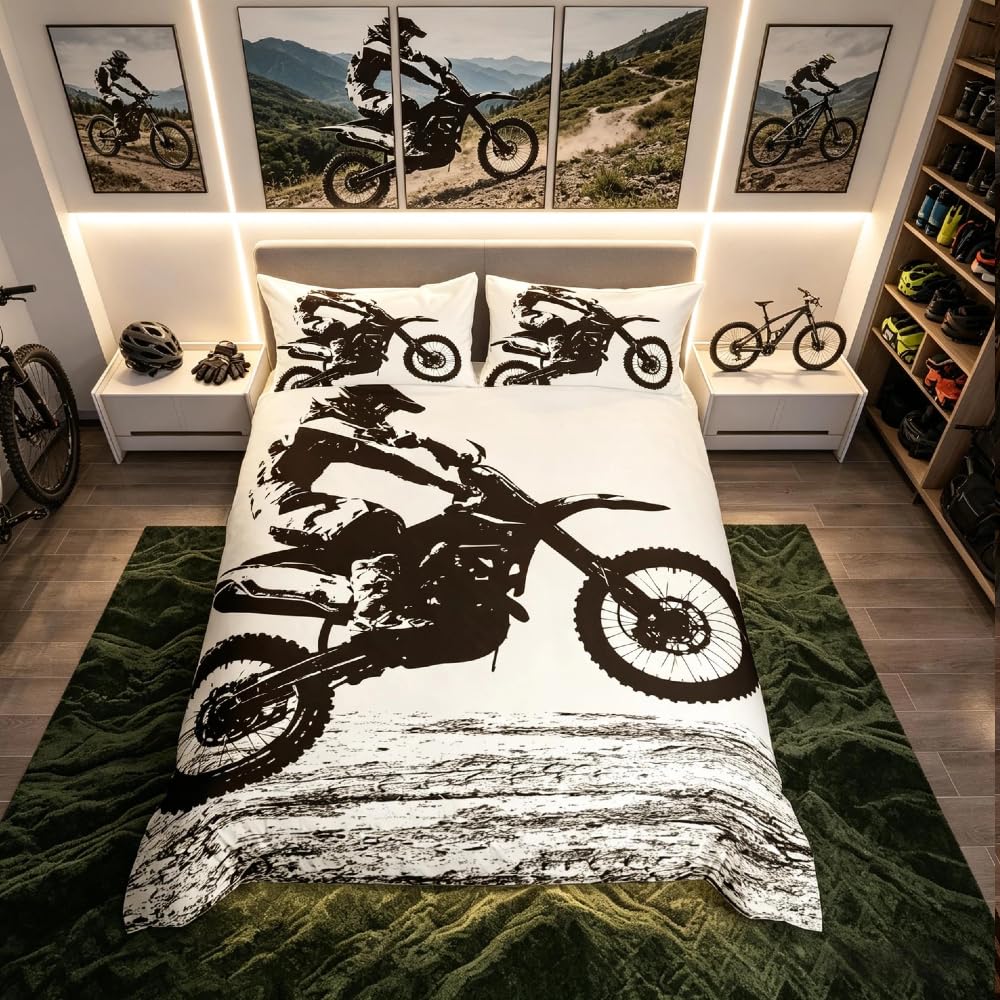 Loussiesd Dirt Bike Comforter Cover,Sports Biker Motocross Racing Moves Theme,Youth Cool Teen Boys Decorative 3 Pieces Bedding Set King(1 Duvet cover Set & 2 Pillow Shams) & Zippers Ties — image 1