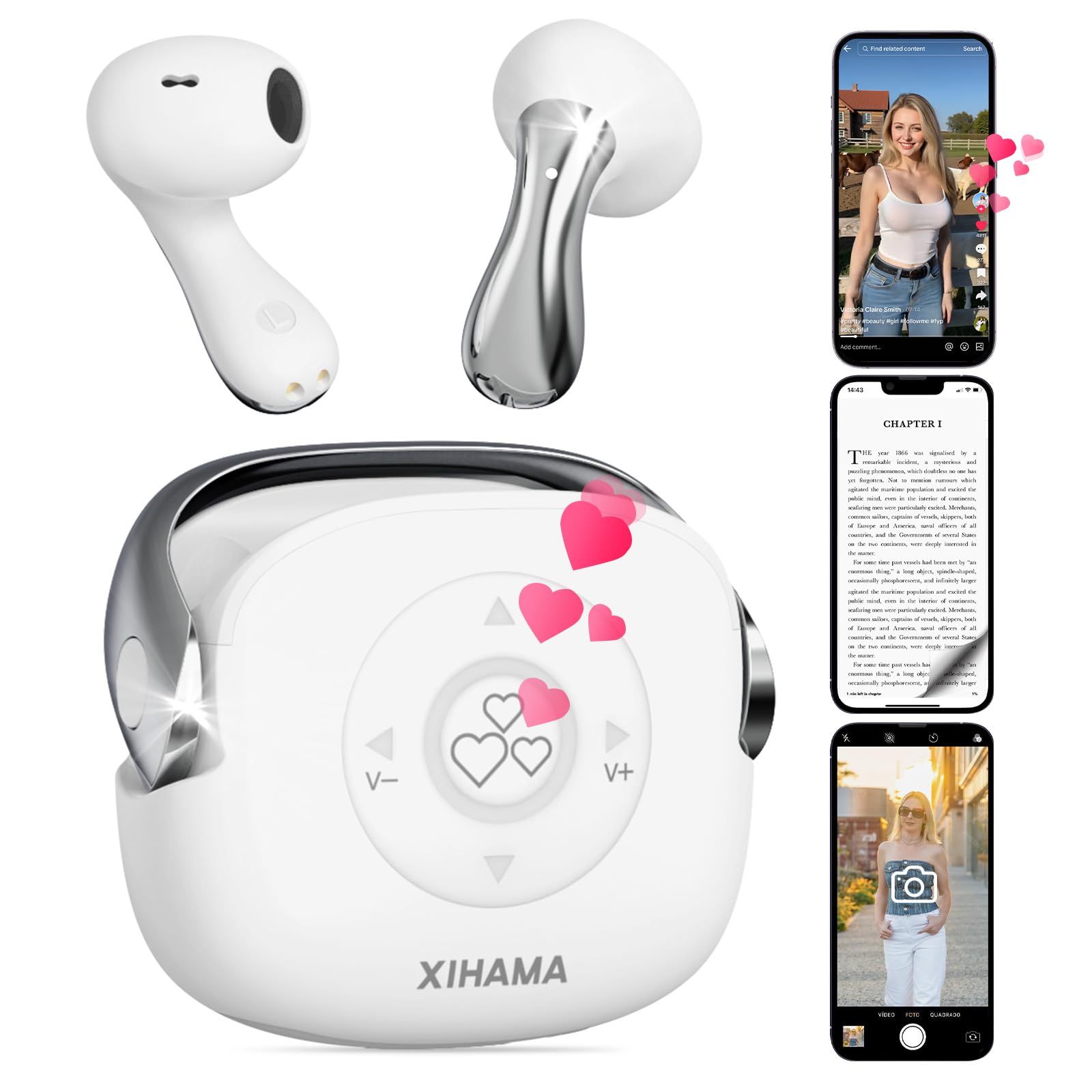 4-in-1 Scrolling Remote Control for TikTok YouTube IG Short Videos with Earbuds Wireless Bluetooth,Page Turner for Kindle App,Camera Shutter Remote for | iPhone | Android | iOS | iPad | Tablet | White